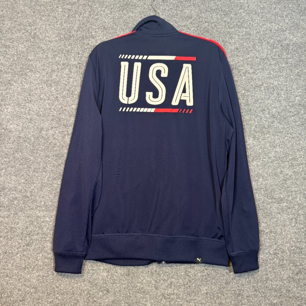 Puma Sweater Mens Medium Full Zip Up Sweatshirt USA America Patriotic‎ Blue Red